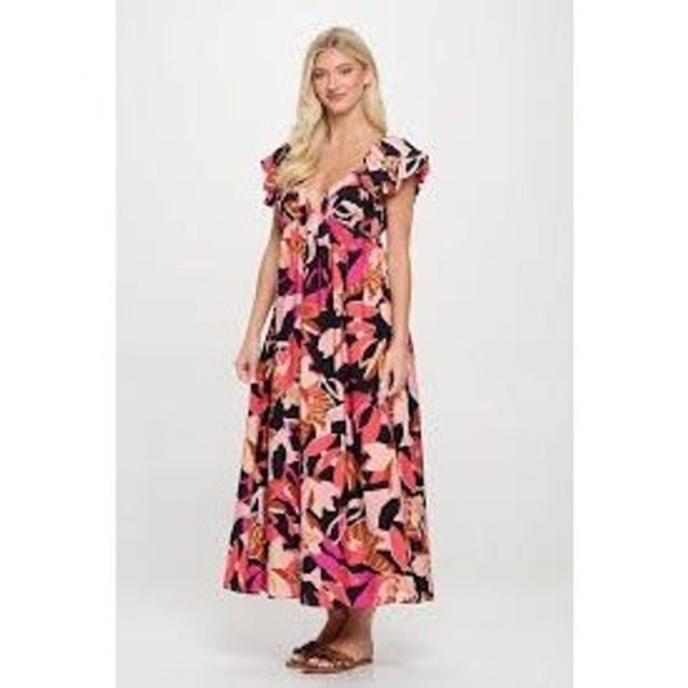 Meet Me in Santorini Maxi Dress Womens L Abstract Floral Tie Back Resortwear - Picture 1 of 11